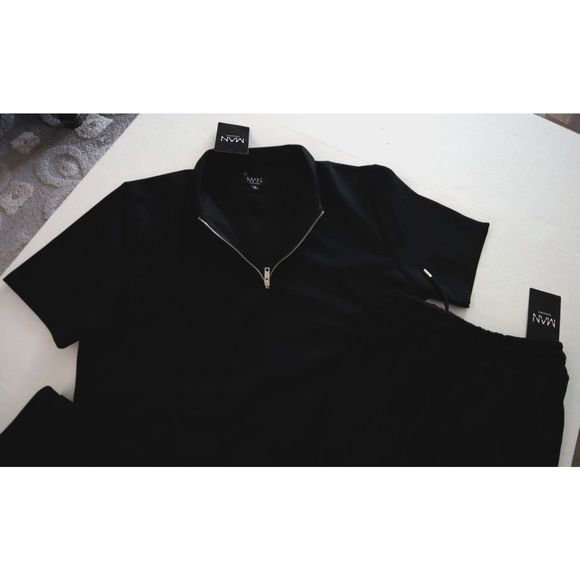 boohooMAN BMM12776 Men Sz XL Black Muscle Fit 1/4 Zip Polo & Joggers 2 Pc ￼Set - Picture 2 of 16